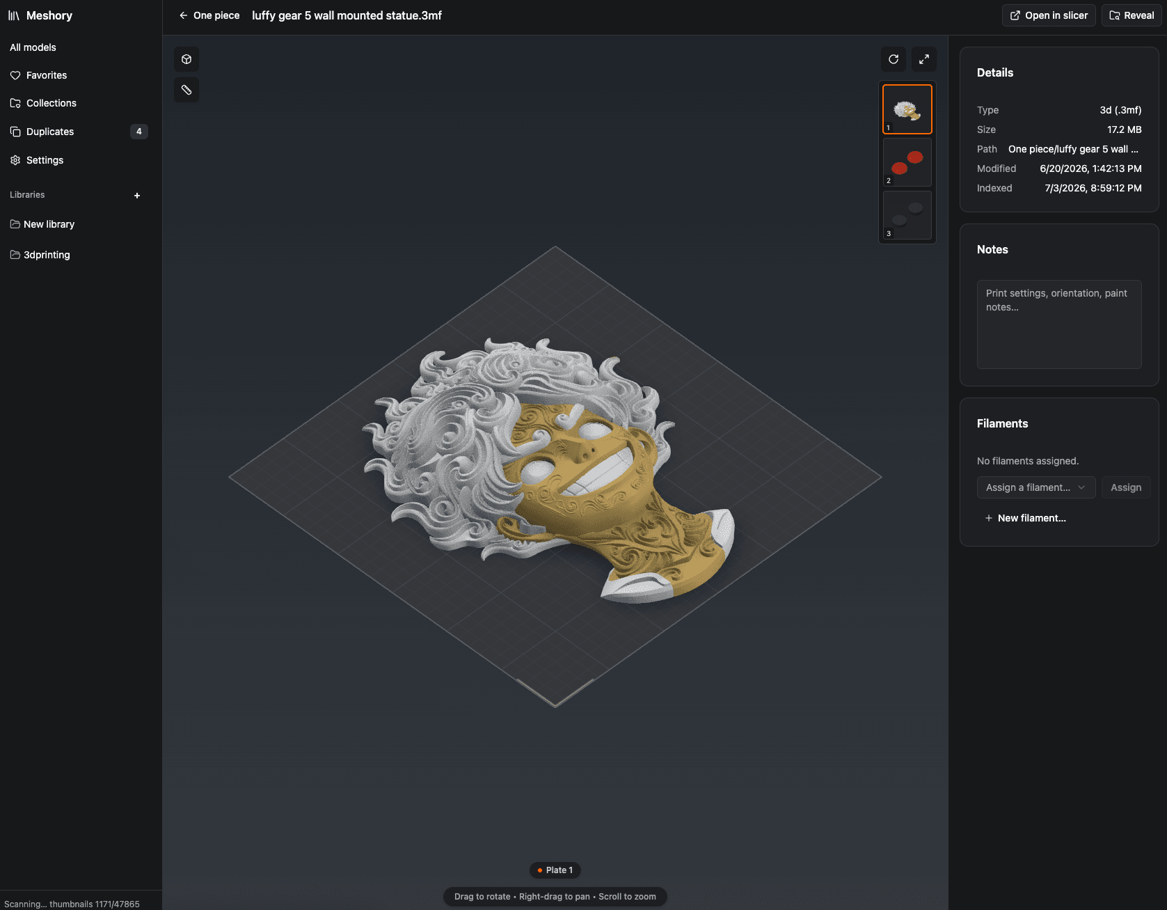 Meshory 3D viewer showing a multi-plate 3MF statue with plate selection, details, and filament panels